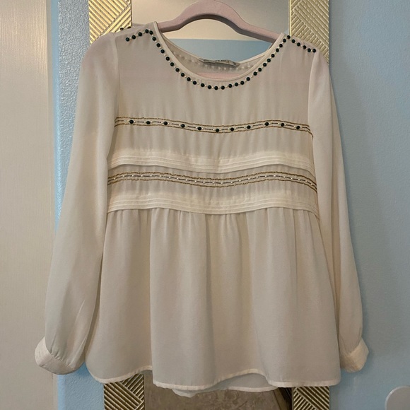 Zara Semi Sheer White with Emerald and Gold Beaded Chiffon Blouse - Picture 3 of 9